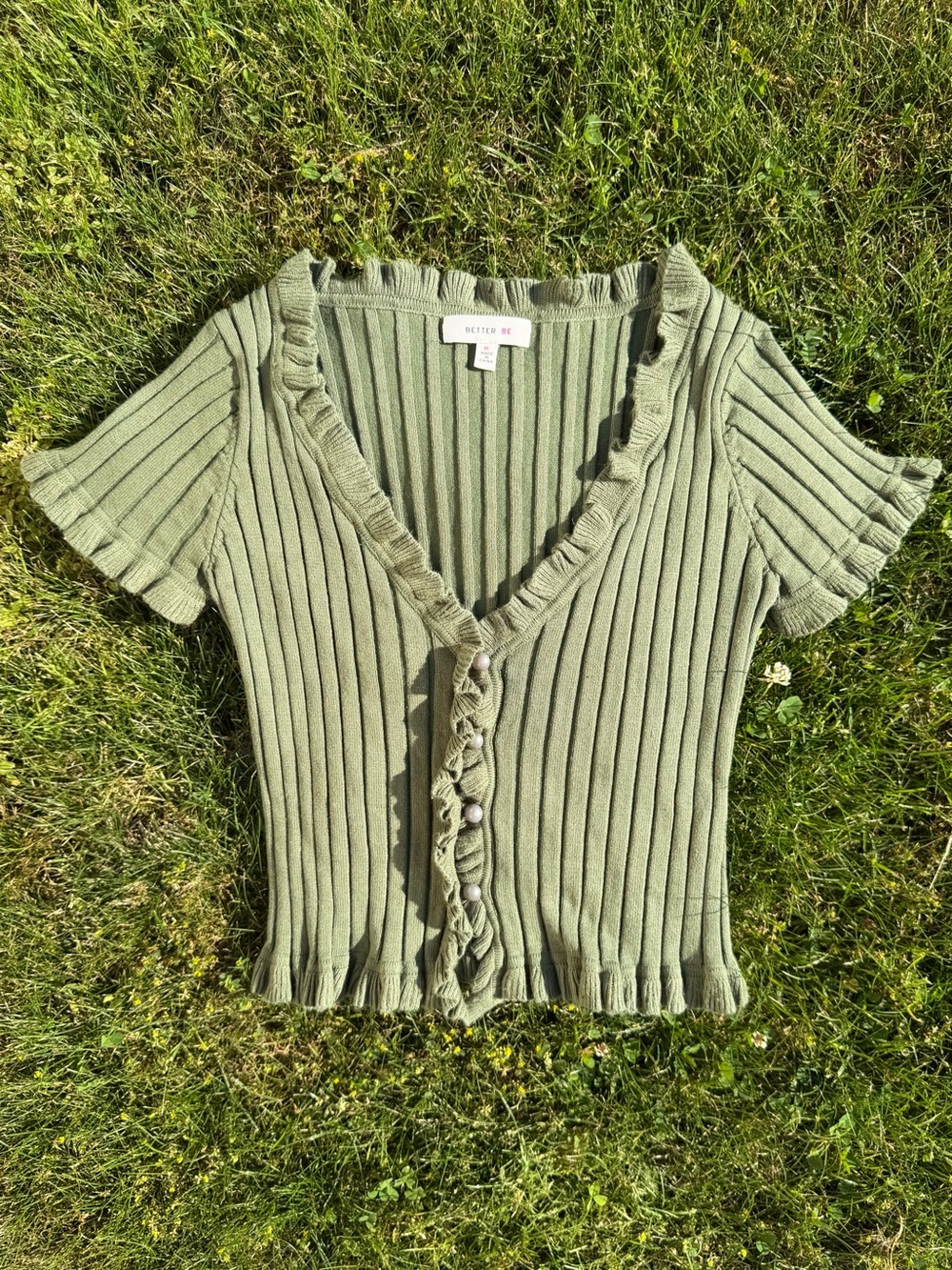 Better Be Olive Green Ruffle-Trim Ribbed Button Cardigan - Picture 5 of 8
